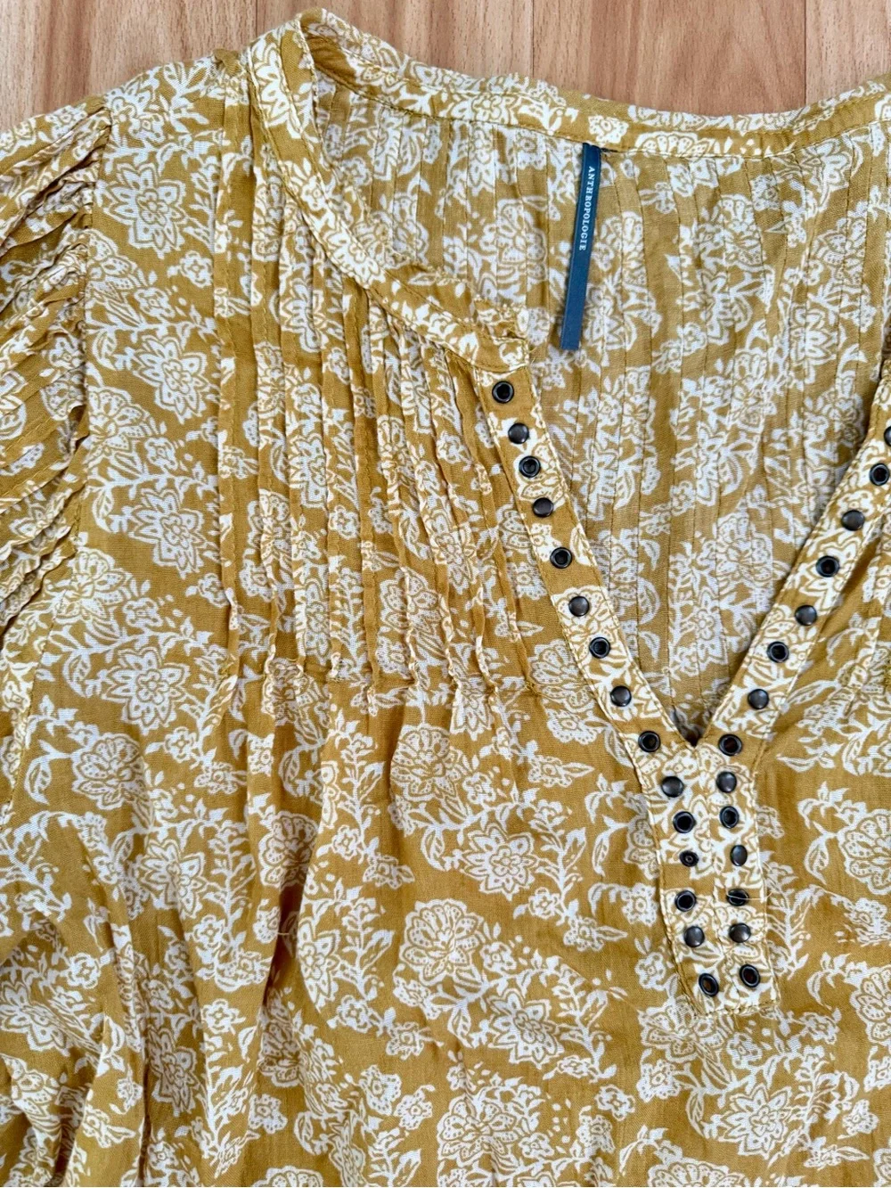 Anthropologie Mustard Yellow Floral V-Neck Boho Blouse